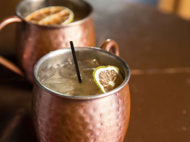 Two drinks in copper mug at The Mezzanine in San Juan. 