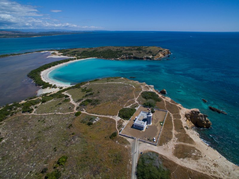 An aerial view of Los Morrillos Lighthouse and Cabo Rojo National Wildlife Refuge.