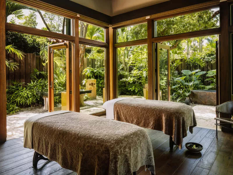Massage tables in the open-air Spa Botánico, one of the best spas in Puerto Rico at Ritz-Carlton Dorado.