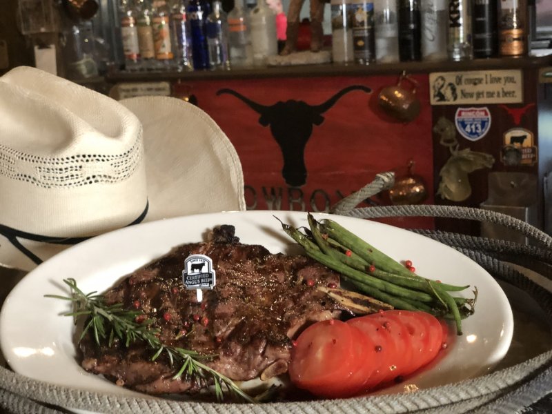 A juicy steak on display at Cowboys Cantina Restaurant in Rincon.