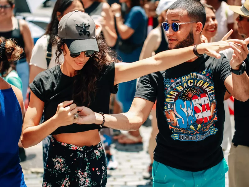 A couple dancing salsa in Old San Juan.