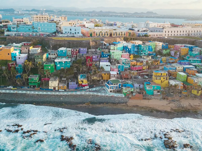 Aerial view of La Perla, a seaside neighborhood in Old San Juan, Puerto Rico.