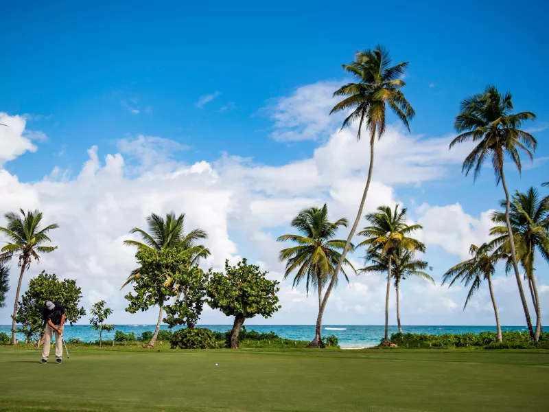Golfers playing at TPC Dorado Beach, surrounded by lush fairways and ocean views