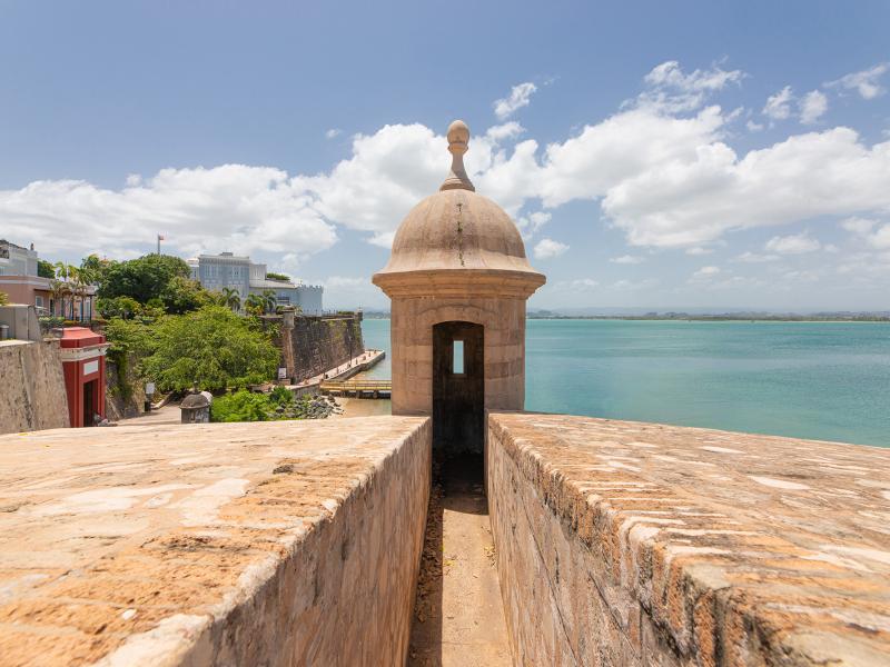 Panoramic view of a garita and La Fortaleza in Old San Juan.