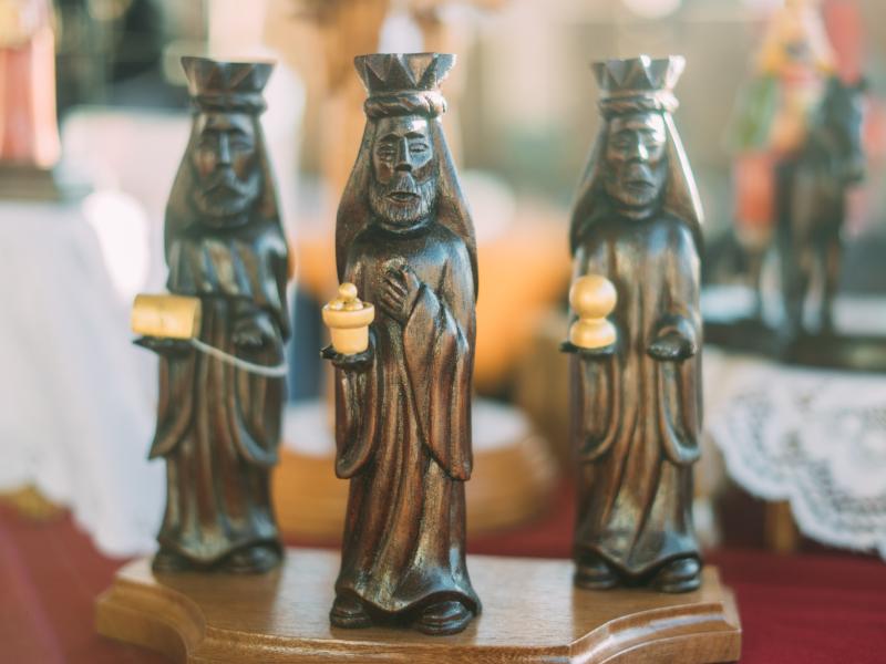 View of the Three Wise Men carved in wood. Three Kings Day is considered one of the main celebrations during the holiday season in Puerto Rico.