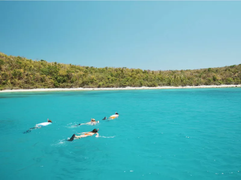 Snorkelers enjoying the clear turquoise waters at Flamenco Beach, one of the top things to do in Culebra, Puerto Rico.