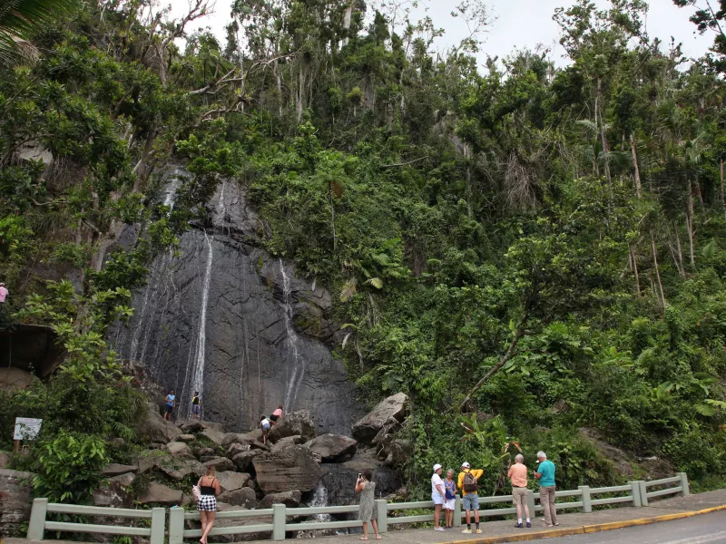Visitors near La Coca Falls, one of the most photographed El Yunque National Forest trails.