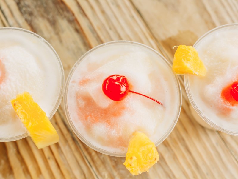 A slushie mocktail in Puerto Rico, complete with pineapple and cherries on top. 