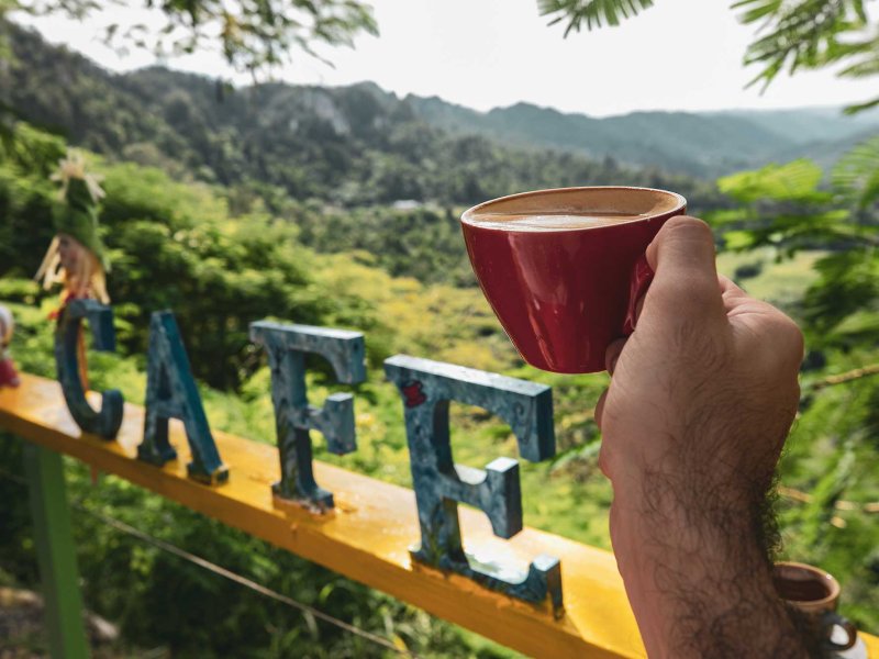 A hand holds a red mug filled with coffee in front of a mountain vista and sign that reads "Cafe."