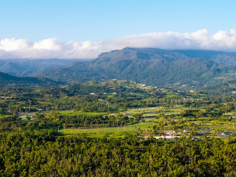 An aerial view of Puerto Rico's east region, including El Yunque National Forest and the surrounding area.