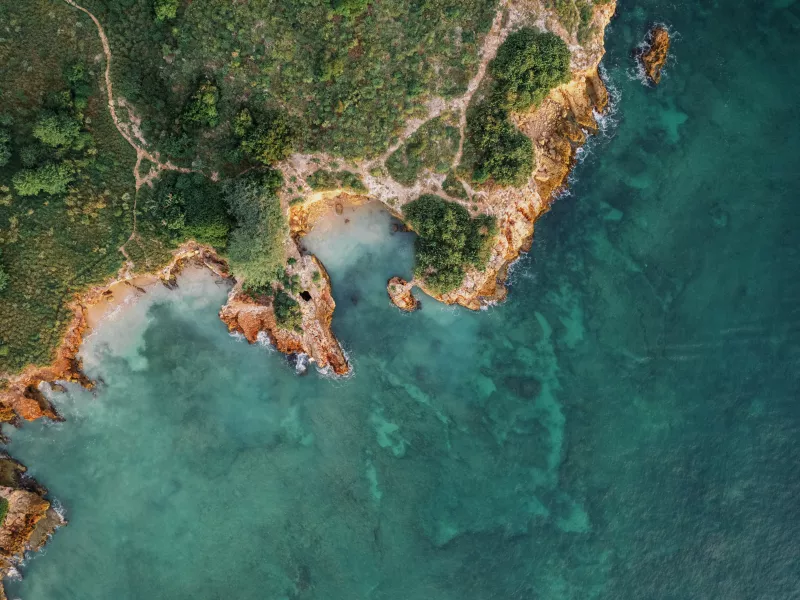 High-angle aerial view of a rugged coastline in Puerto Rico, featuring golden cliffs and lush green vegetation meeting crystal-clear turquoise Cabo Rojos' waters.