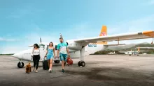 Small plane flying over the Puerto Rico coastline en route to Culebra Island