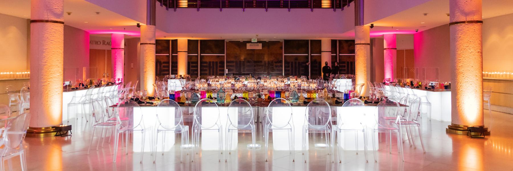 View of a table set up for a corporate event at the Museo de Arte de Puerto Rico in San Juan.
