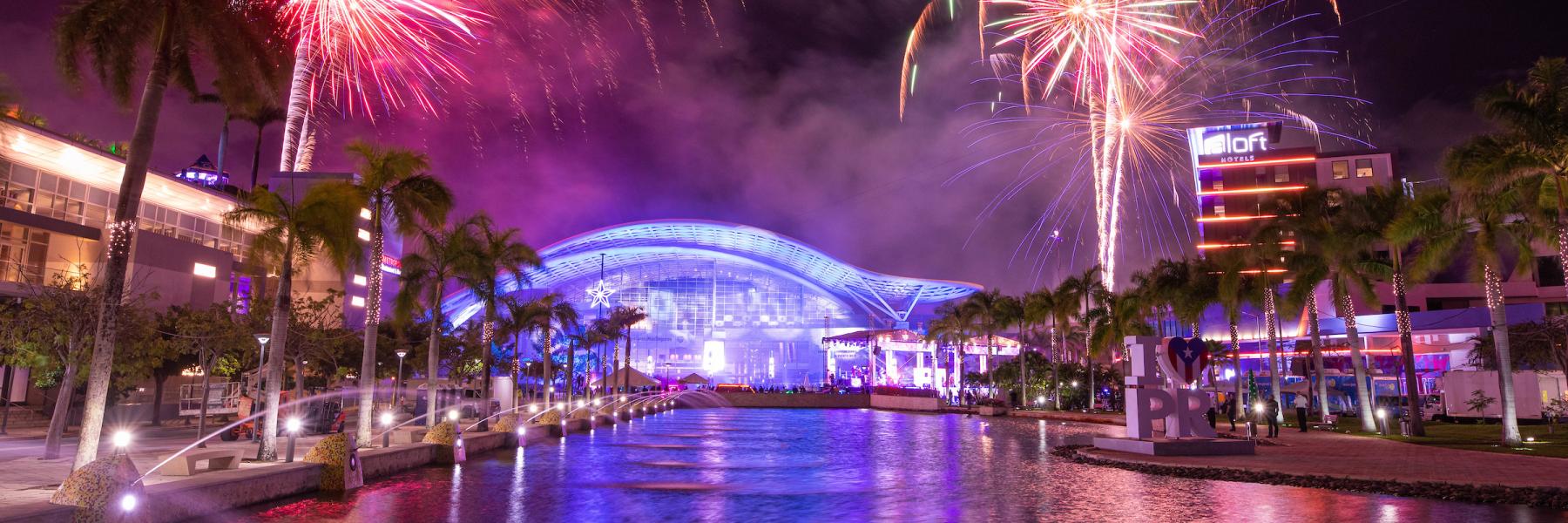 View of fireworks at the Puerto Rico Convention Center in San Juan.