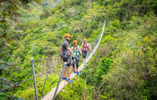 Three people stand on a suspended bridge above the forest at Toro Verde Adventure Park.