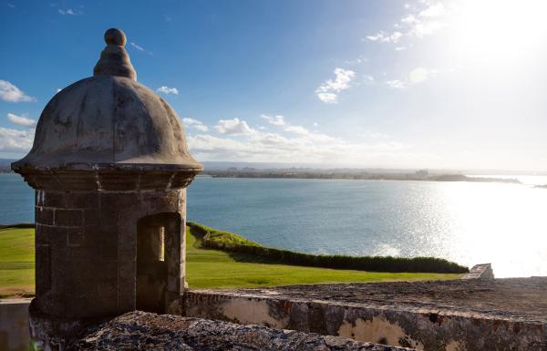 View of a garita and the ocean from El Morro, in Old San Juan.