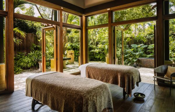 Side-by-side massage tables in the open-air Spa Botanico at the Ritz-Carlton Dorado.