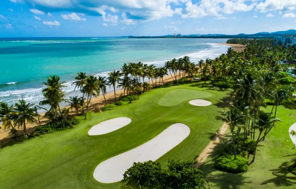 An aerial view of the oceanfront golf course at Wyndham Grand Rio Mar in Rio Grande, Puerto Rico.