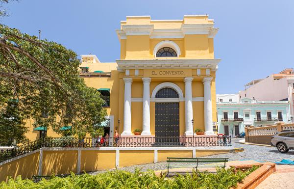 Outside view of El Convento Hotel, a religious school that later became Puerto Rico's first convent in the 17th century with Carmelite nuns.