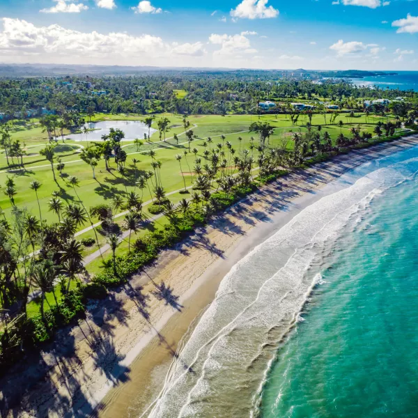 Aerial view of the Ritz-Carlton Golf Course near the beach. 
