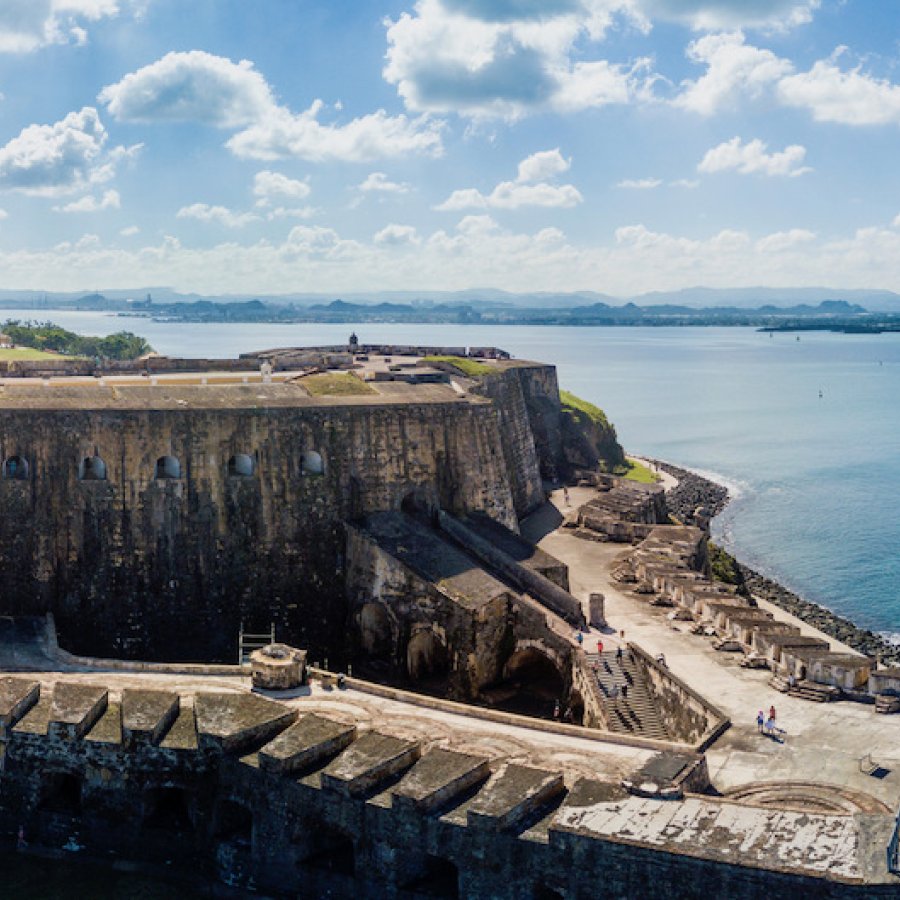 Aerial shot of El Morro fort on a sunny Puerto Rican day.