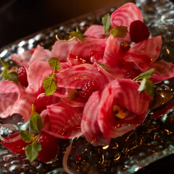 A vibrant, gourmet vegetable dish at Marmalade, one of the best restaurants in San Juan, Puerto Rico.