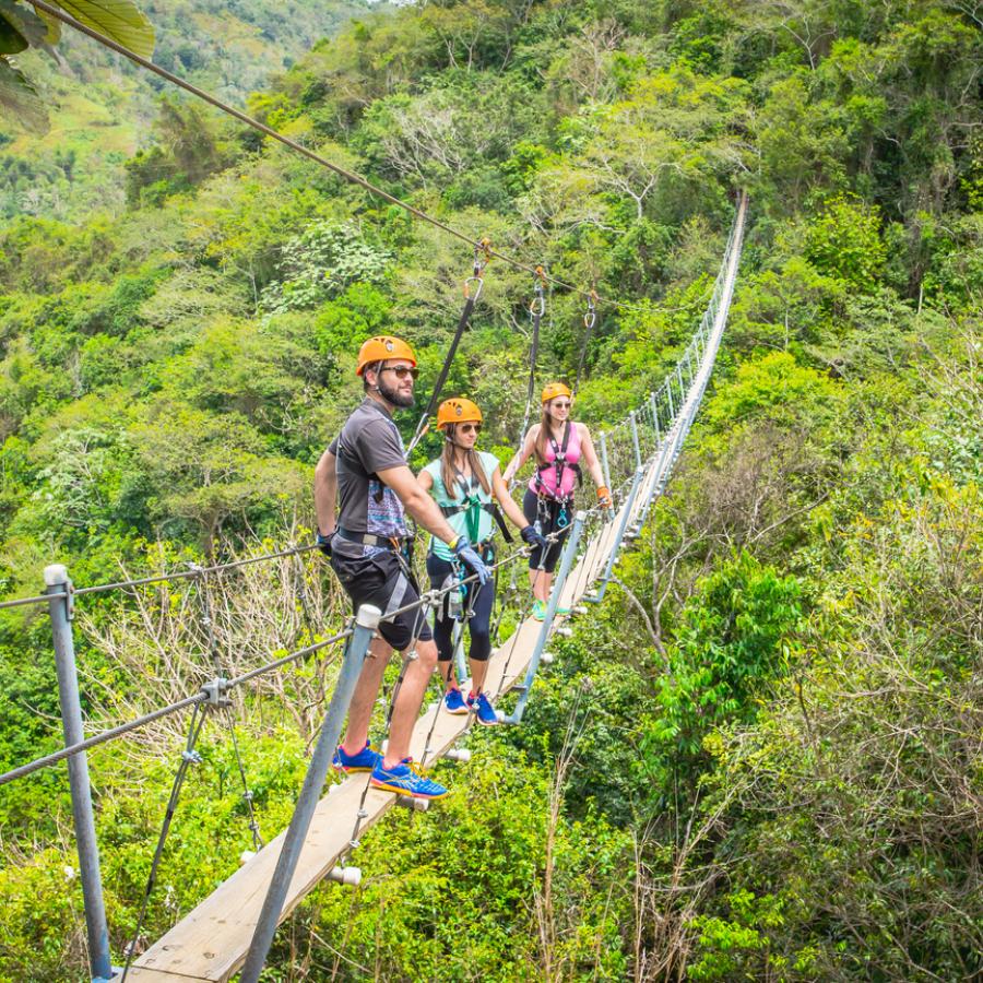 Three people stand on a suspended bridge above the forest at Toro Verde Adventure Park.