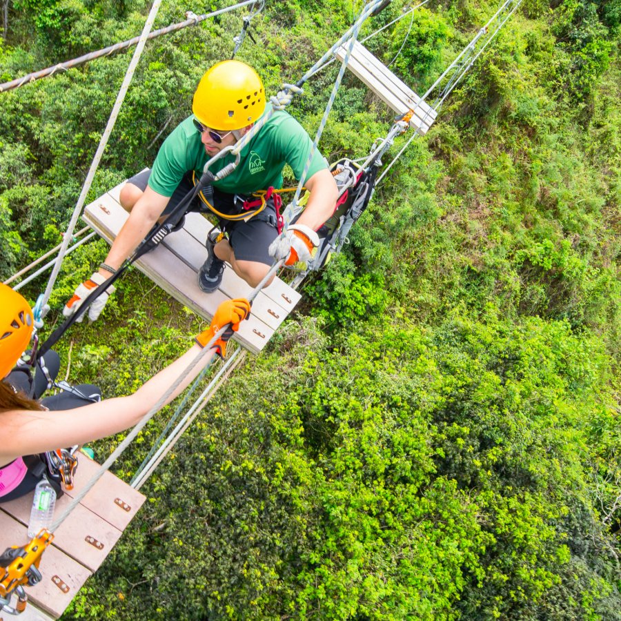 Un equipo trabaja en conjunto en el curso de tirolesa en Toro Verde Adventure Park.