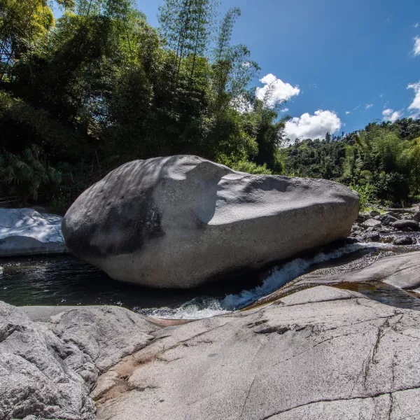 Piedra Escrita rock adorned with Taíno symbols in the Río Saliente, Jayuya.