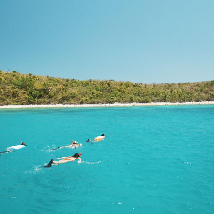Snorkelers in clear blue water on the island of Culebra.