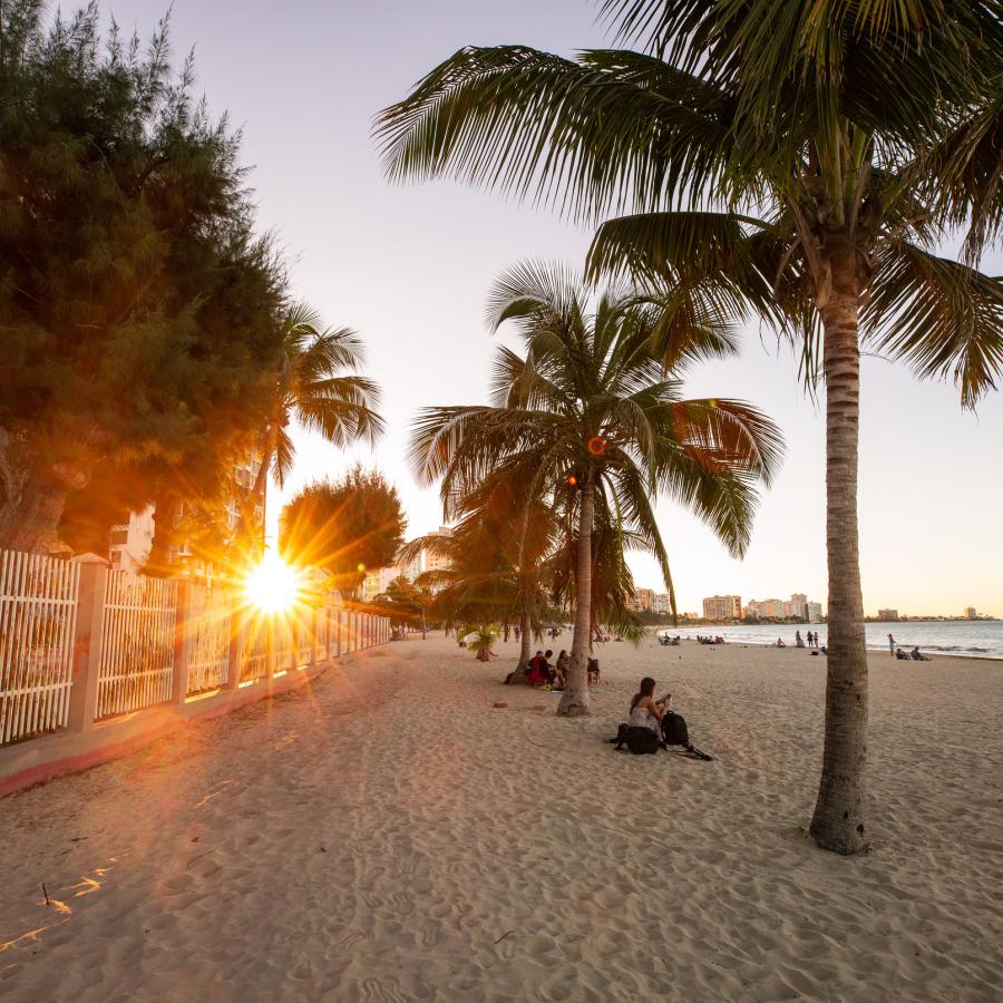 The sun sets behind the palms at Isla Verde Beach in Carolina, Puerto Rico.