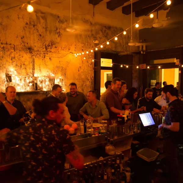 La Factoría, a world-renowned cocktail bar in Old San Juan, known for its lively atmosphere.