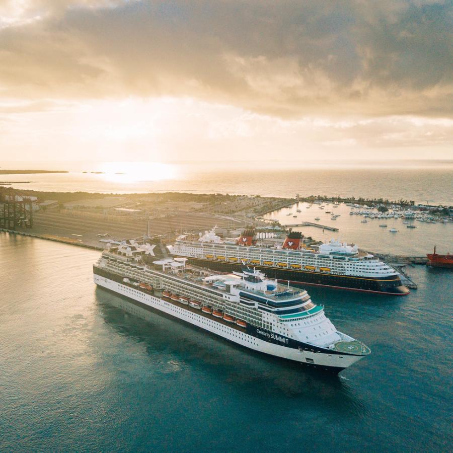 Cruise ships at sunset at the Ponce Cruise Port.