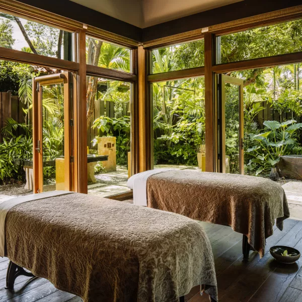 Massage tables in the open-air Spa Botánico, one of the best spas in Puerto Rico at Ritz-Carlton Dorado.