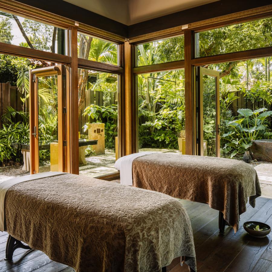 Side-by-side massage tables in the open-air Spa Botanico at the Ritz-Carlton Dorado.