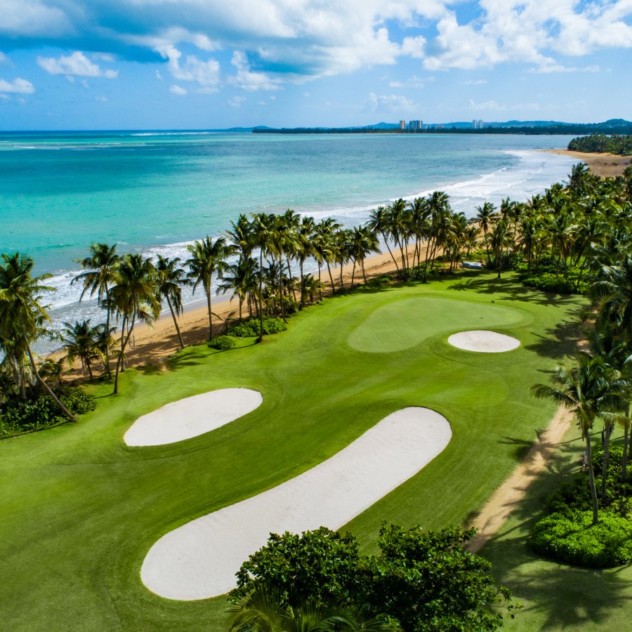 An aerial view of the oceanfront golf course at Wyndham Grand Rio Mar in Rio Grande, Puerto Rico.