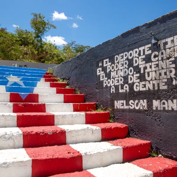 Staircase vibrantly painted as the flag of Puerto Rico in Juncos.