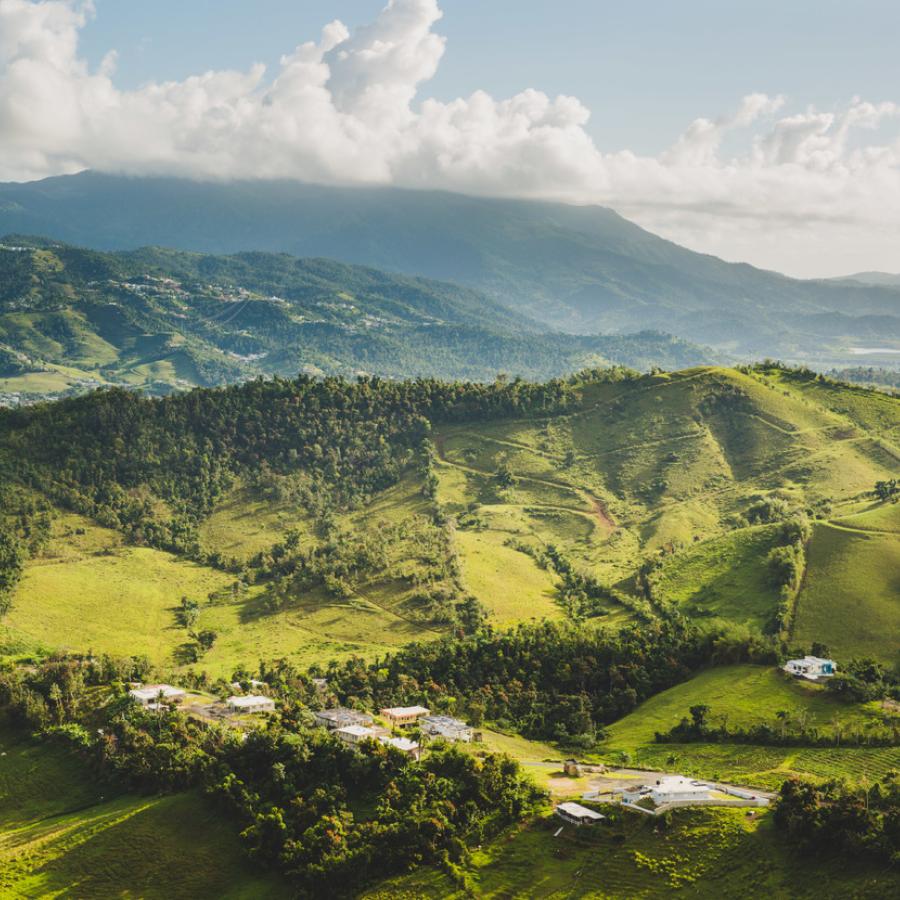 An expansive view of a verdant valley with mountains rising in the distance