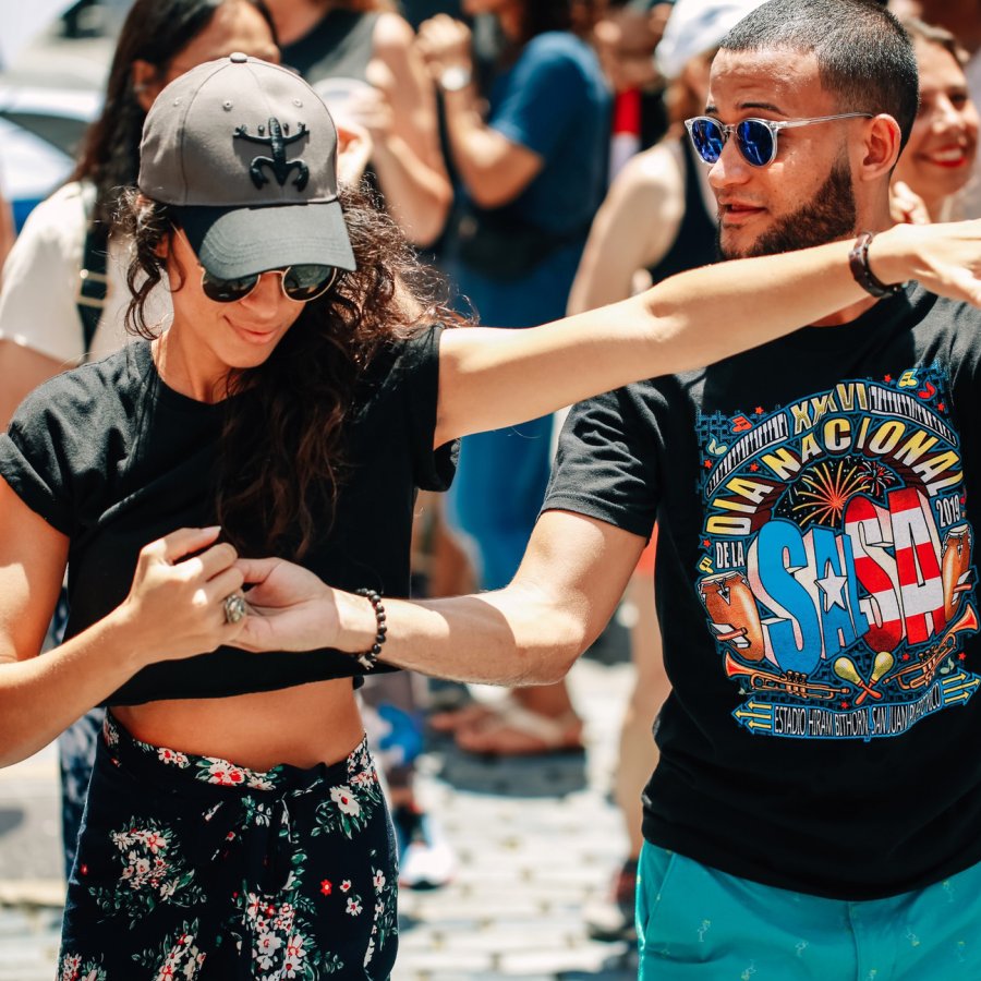 A couple dancing salsa in Old San Juan.