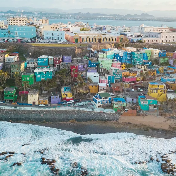 Aerial view of La Perla, a seaside neighborhood in Old San Juan, Puerto Rico.