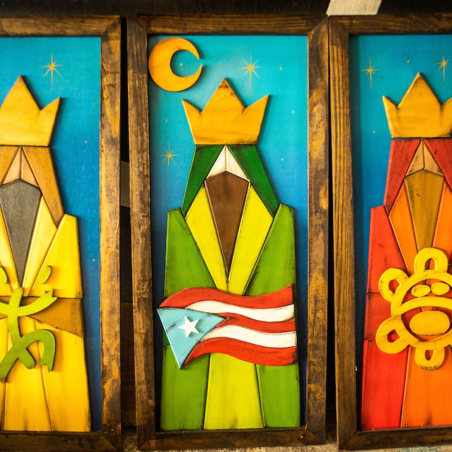 A wood sculpture of the Three Wise Men