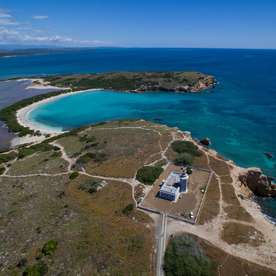 Aerial view of Playuela and Los Morrillos Lighthouse