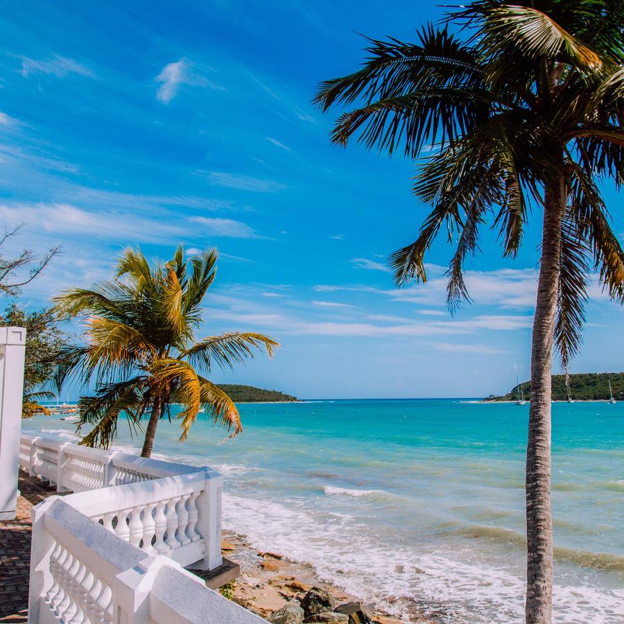Visitors stroll along a scenic oceanfront walkway in Vieques, Puerto Rico.