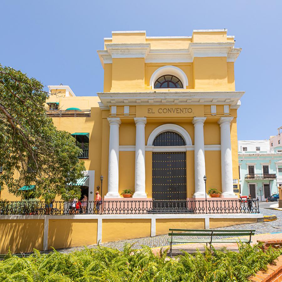 Outside view of El Convento Hotel, a religious school that later became Puerto Rico's first convent in the 17th century with Carmelite nuns.