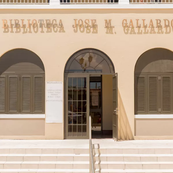 Escalones frontales que conducen a la puerta principal de la biblioteca de Juncos, la entrada está enmarcada por ventanas de arco.