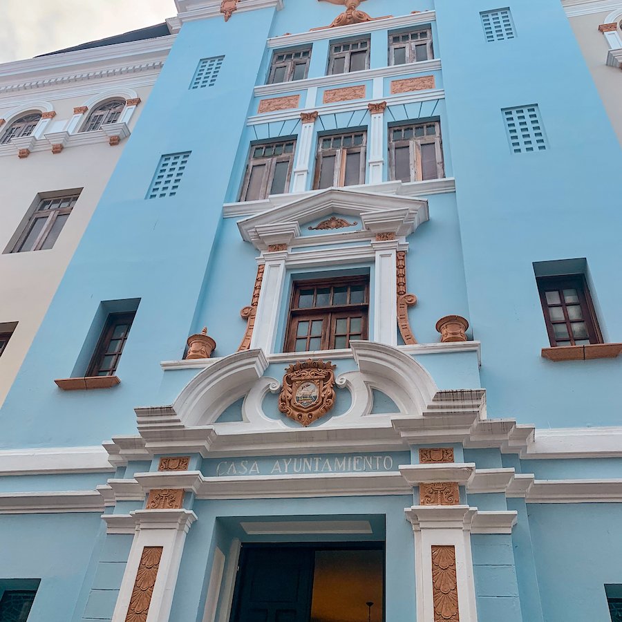 The façade at San Juan's town hall resembles old Madrid in Spain.