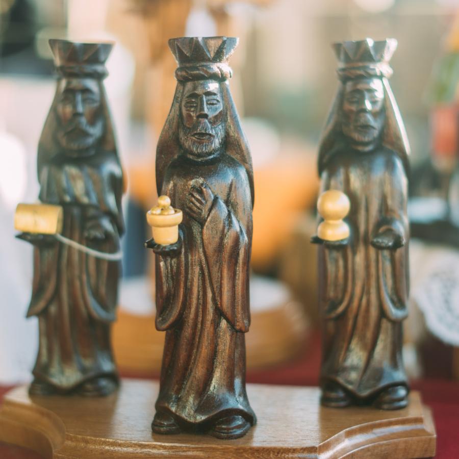 View of the Three Wise Men carved in wood. Three Kings Day is considered one of the main celebrations during the holiday season in Puerto Rico.