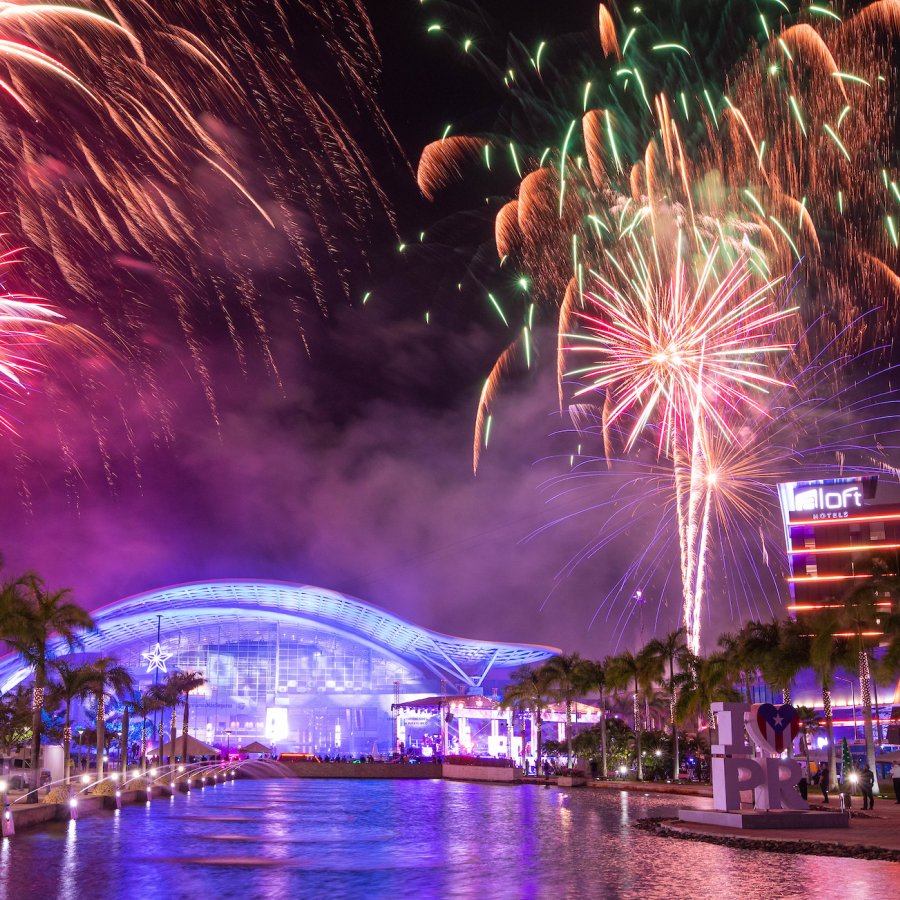 View of fireworks at the Puerto Rico Convention Center in San Juan.