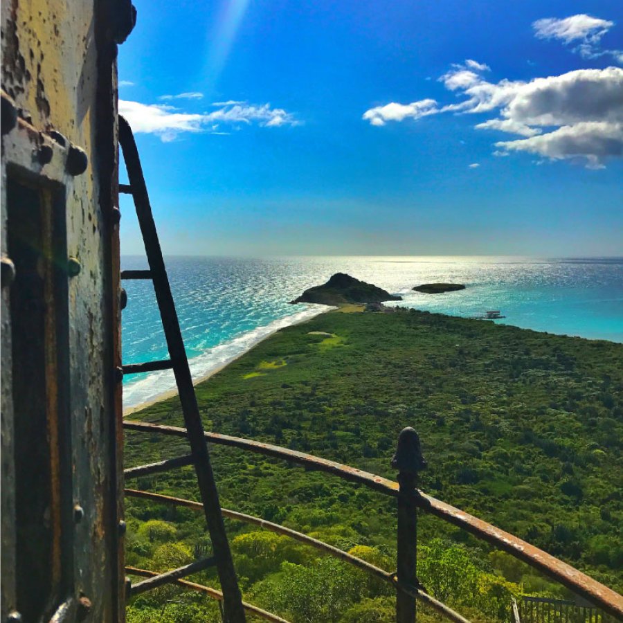 A view of Pelicano Beach from the top of the lighthouse at Caja de Muertos in Puerto Rico.