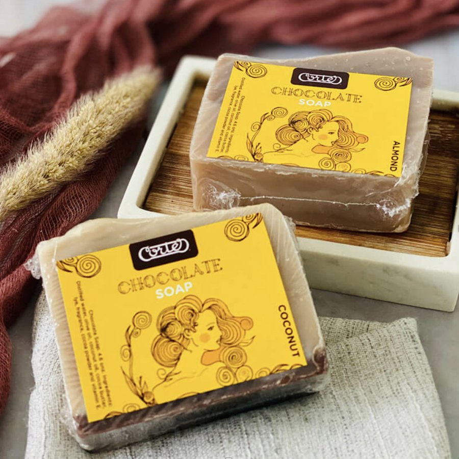 Two square bars of chocolate soap from Chocobar Cortes.
